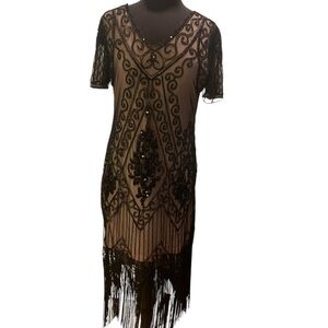 Elegant Black Beaded Fringe Flapper Dress